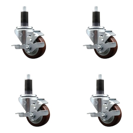 Service Caster 3'' Maroon Poly Swivel 1-1/4'' Expanding Stem Caster Set with Brake, 4PK SCC-EX20S314-PPUB-MRN-TLB-114-4